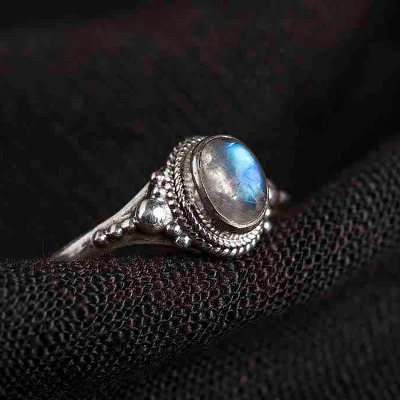 Anillo de piedra lunar natural de plata de ley 925 con Buddha Stones