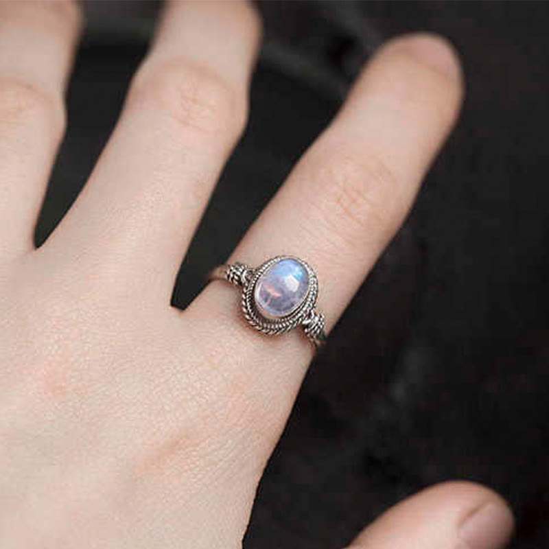 Anillo de piedra lunar natural de plata de ley 925 con Buddha Stones