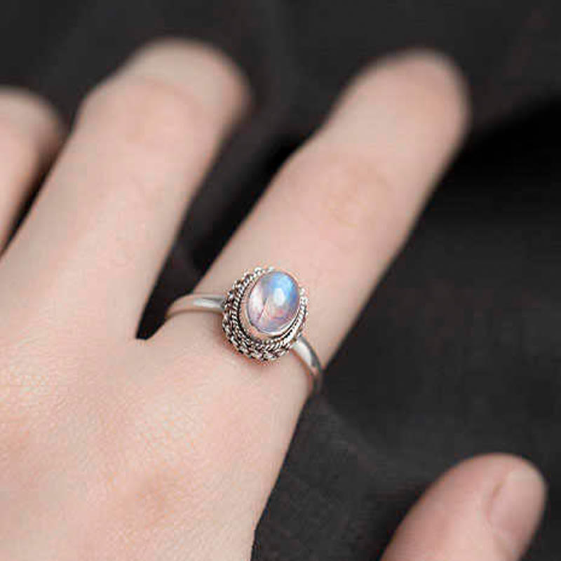 Anillo de piedra lunar natural de plata de ley 925 con Buddha Stones