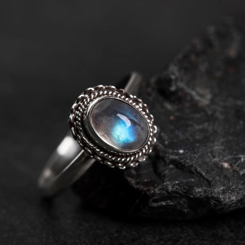 Anillo de piedra lunar natural de plata de ley 925 con Buddha Stones