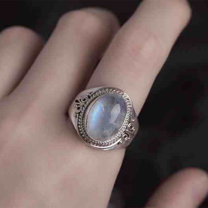 Anillo ajustable curativo de piedra lunar natural hecho a mano en plata de ley 925 con Buddha Stones
