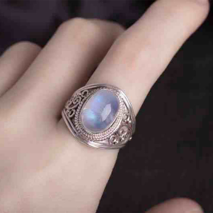 Anillo ajustable curativo de piedra lunar natural hecho a mano en plata de ley 925 con Buddha Stones