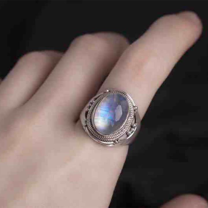 Anillo ajustable curativo de piedra lunar natural hecho a mano en plata de ley 925 con Buddha Stones
