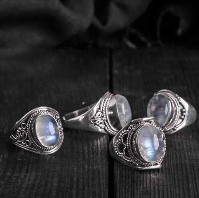 Anillo ajustable curativo de piedra lunar natural hecho a mano en plata de ley 925 con Buddha Stones