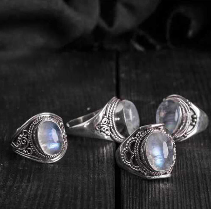Anillo ajustable curativo de piedra lunar natural hecho a mano en plata de ley 925 con Buddha Stones