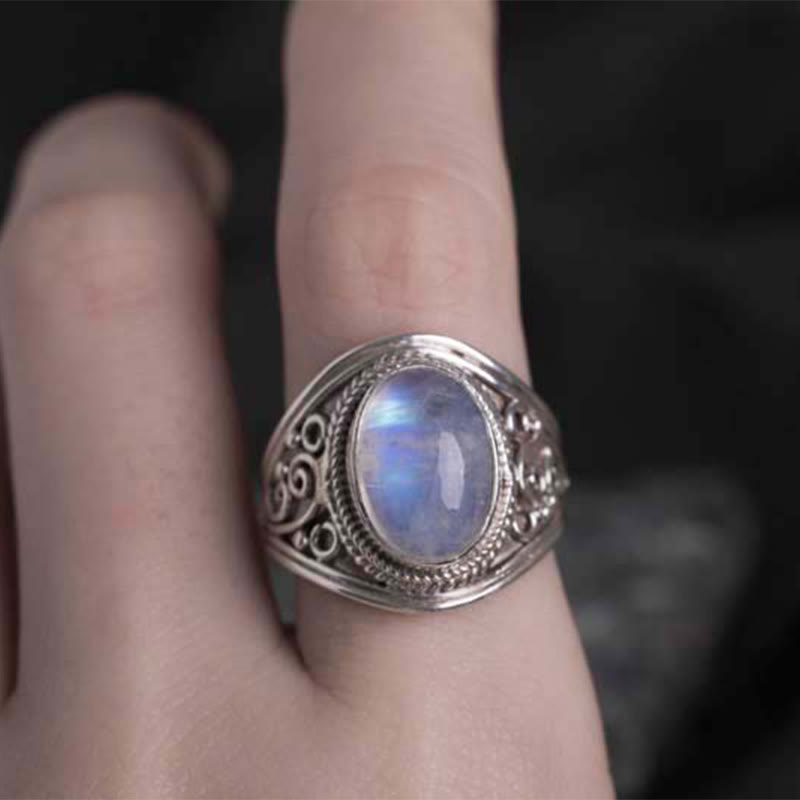 Anillo ajustable curativo de piedra lunar natural hecho a mano en plata de ley 925 con Buddha Stones