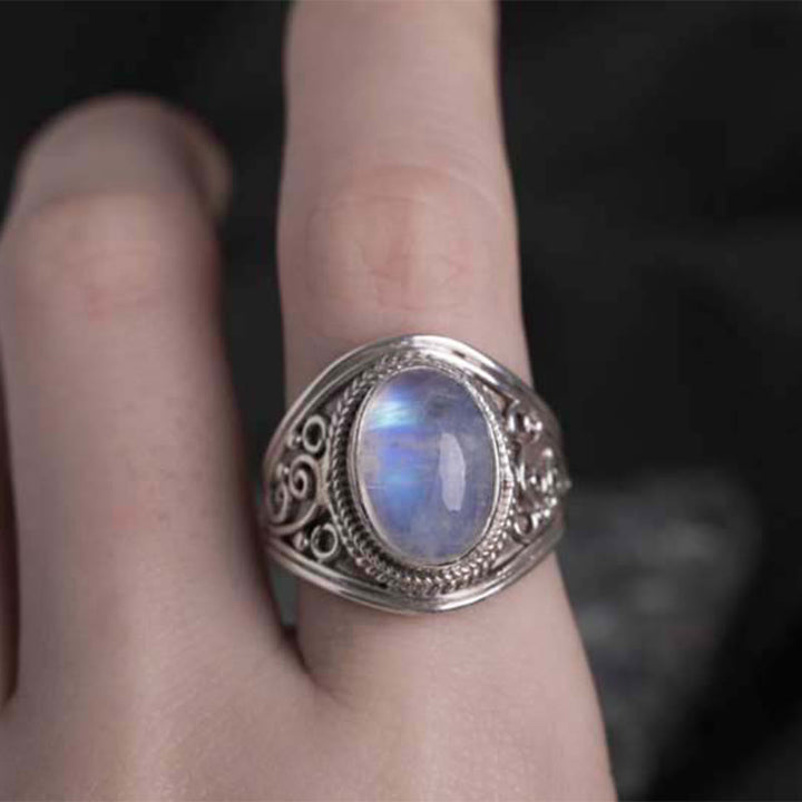 Anillo ajustable curativo de piedra lunar natural hecho a mano en plata de ley 925 con Buddha Stones