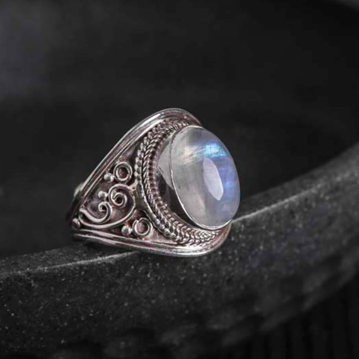 Anillo ajustable curativo de piedra lunar natural hecho a mano en plata de ley 925 con Buddha Stones