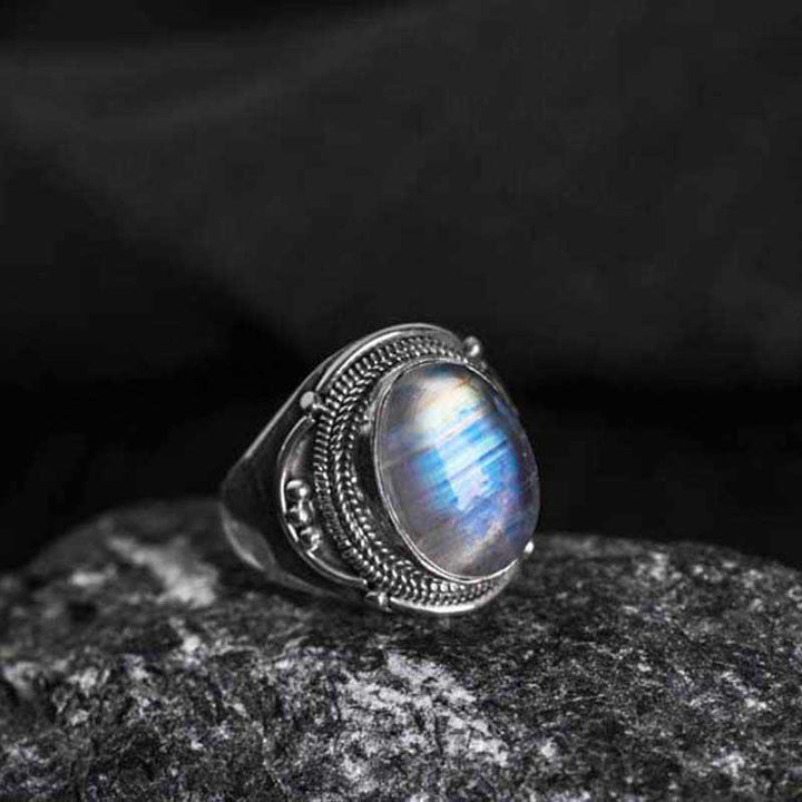 Anillo ajustable curativo de piedra lunar natural hecho a mano en plata de ley 925 con Buddha Stones