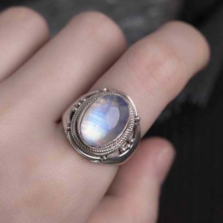 Anillo ajustable curativo de piedra lunar natural hecho a mano en plata de ley 925 con Buddha Stones