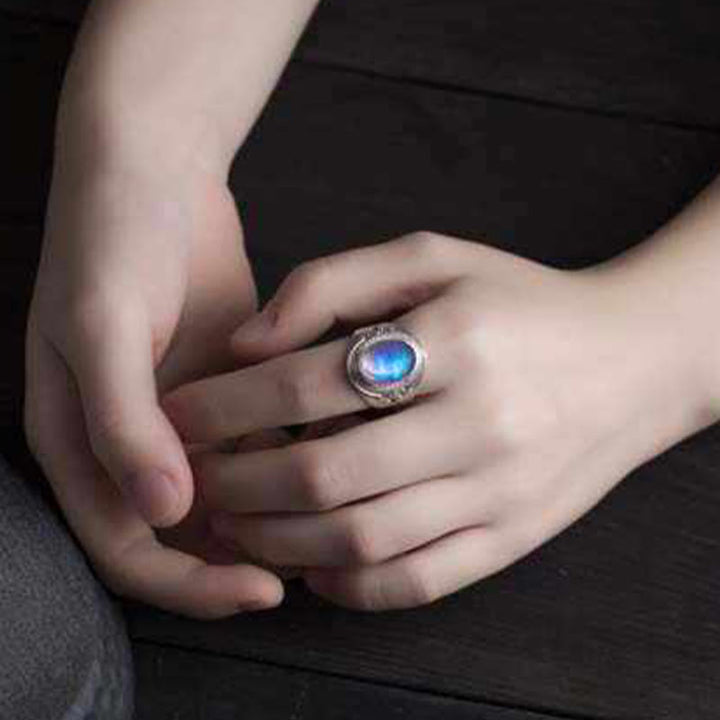 Anillo ajustable curativo de piedra lunar natural hecho a mano en plata de ley 925 con Buddha Stones