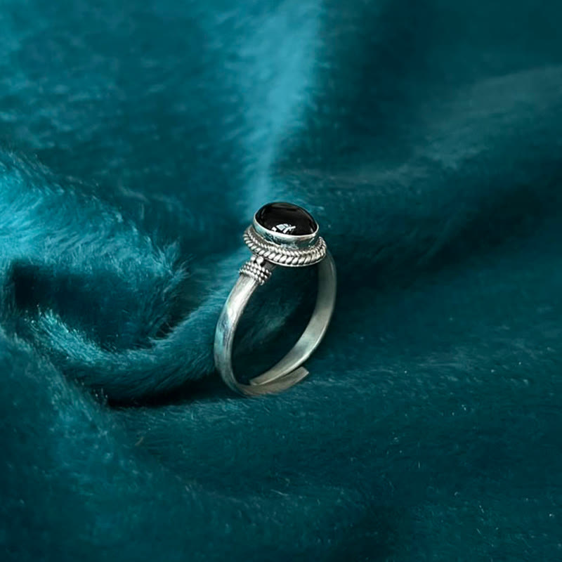 Anillo ajustable de la fortuna con Buddha Stones en plata de ley 925, hecho a mano, de ónix negro