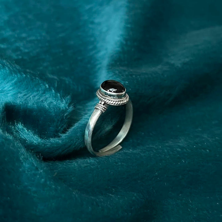 Anillo ajustable de la fortuna con Buddha Stones en plata de ley 925, hecho a mano, de ónix negro