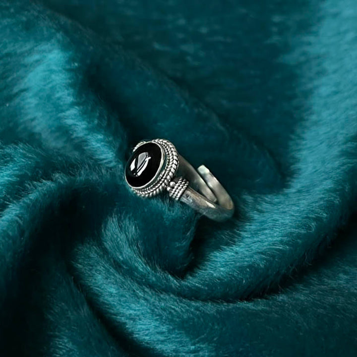 Anillo ajustable de la fortuna con Buddha Stones en plata de ley 925, hecho a mano, de ónix negro