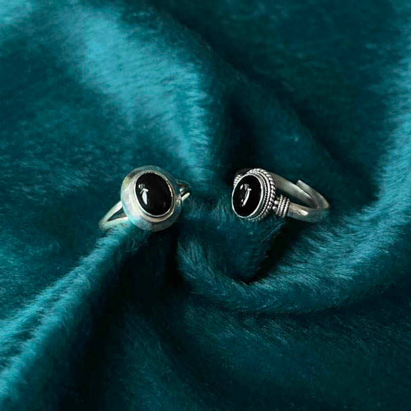 Anillo ajustable de la fortuna con Buddha Stones en plata de ley 925, hecho a mano, de ónix negro