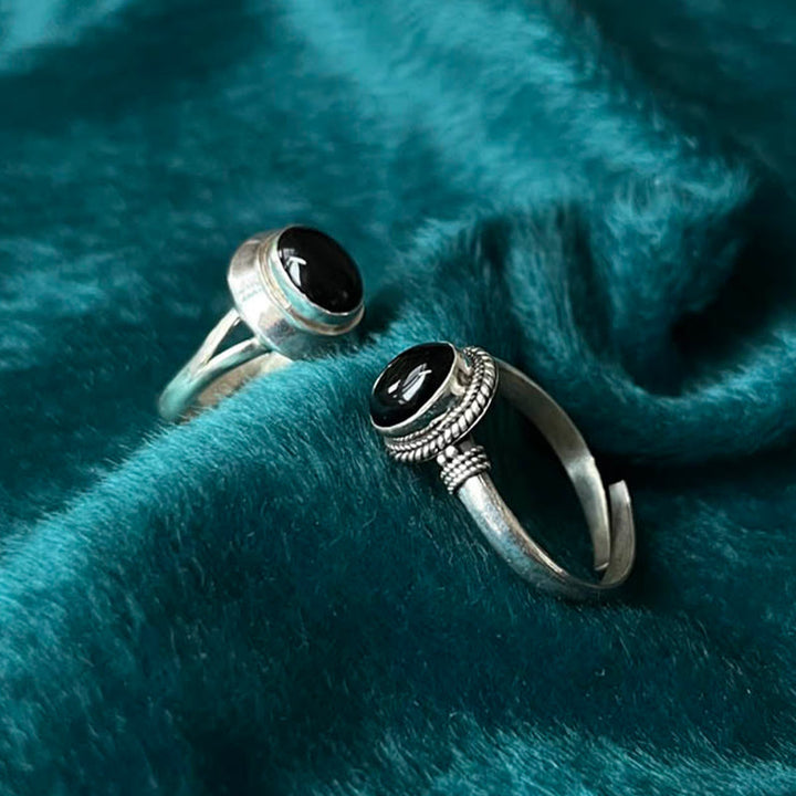 Anillo ajustable de la fortuna con Buddha Stones en plata de ley 925, hecho a mano, de ónix negro