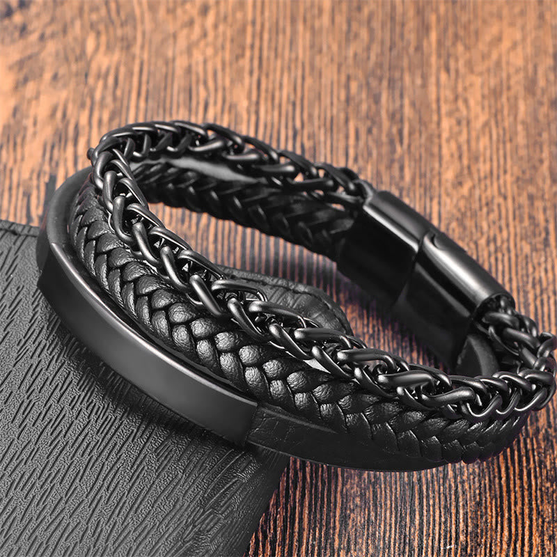 Pulsera de cuero multicapa con hebilla de estimulación de acero y titanio con diseño de Buddha Stones - Negro (circunferencia de la muñeca: 20-22 cm) - image 0