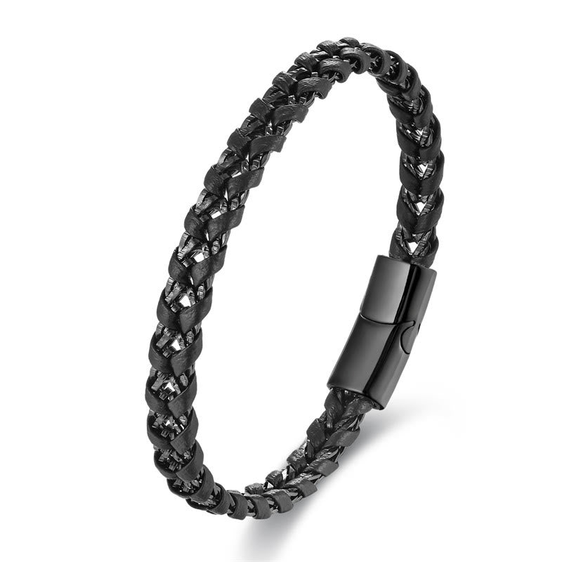 Pulsera de cuero multicapa con diseño trenzado de Buddha Stones , acero de titanio y hebilla de calma.