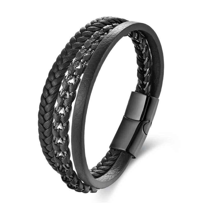 Pulsera de cuero multicapa con diseño trenzado de Buddha Stones , acero de titanio y hebilla de calma.