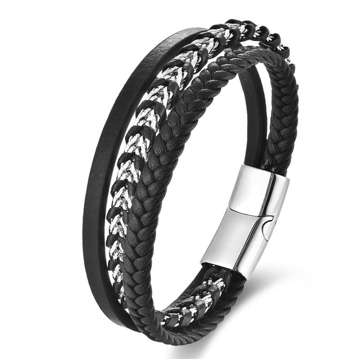 Pulsera de cuero multicapa con diseño trenzado de Buddha Stones , acero de titanio y hebilla de calma.