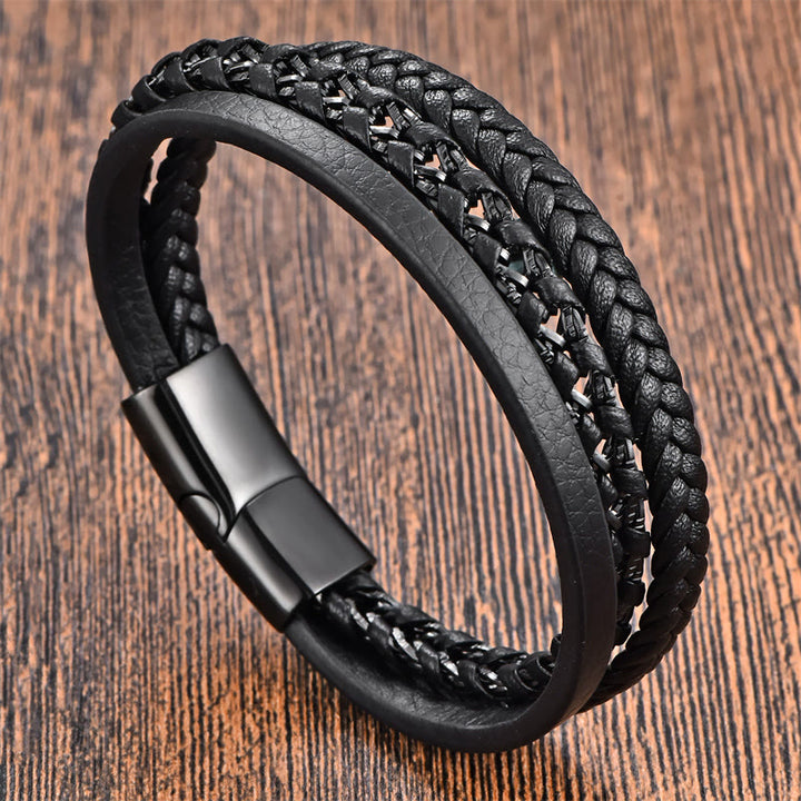 Pulsera de cuero multicapa con diseño trenzado de Buddha Stones , acero de titanio y hebilla de calma.