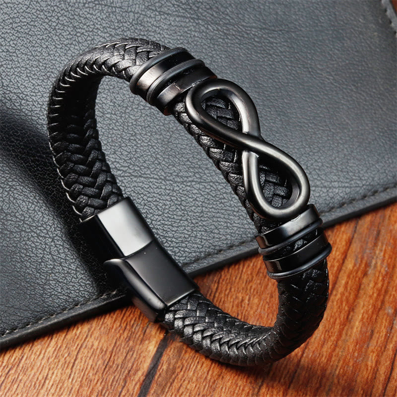 Pulsera de cuero trenzado reforzado con acero de titanio y diseño de nudo infinito con Buddha Stones