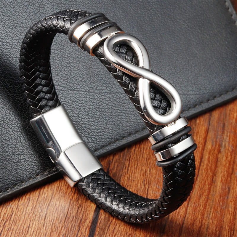 Pulsera de cuero trenzado reforzado con acero de titanio y diseño de nudo infinito con Buddha Stones