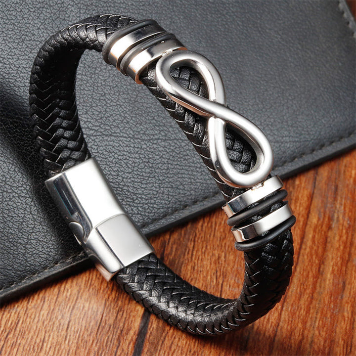 Pulsera de cuero trenzado reforzado con acero de titanio y diseño de nudo infinito con Buddha Stones