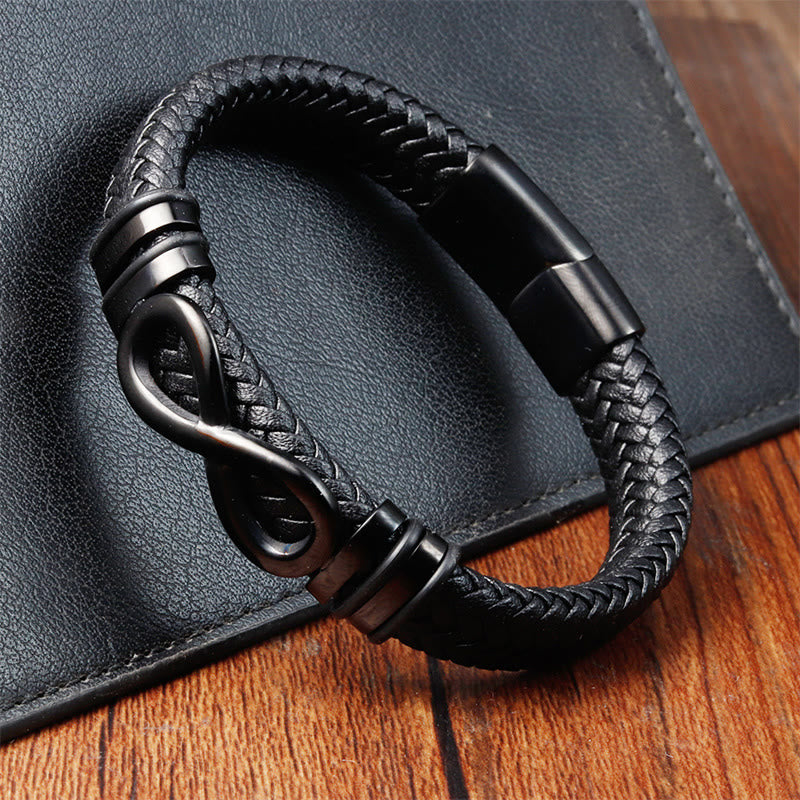 Pulsera de cuero trenzado reforzado con acero de titanio y diseño de nudo infinito con Buddha Stones