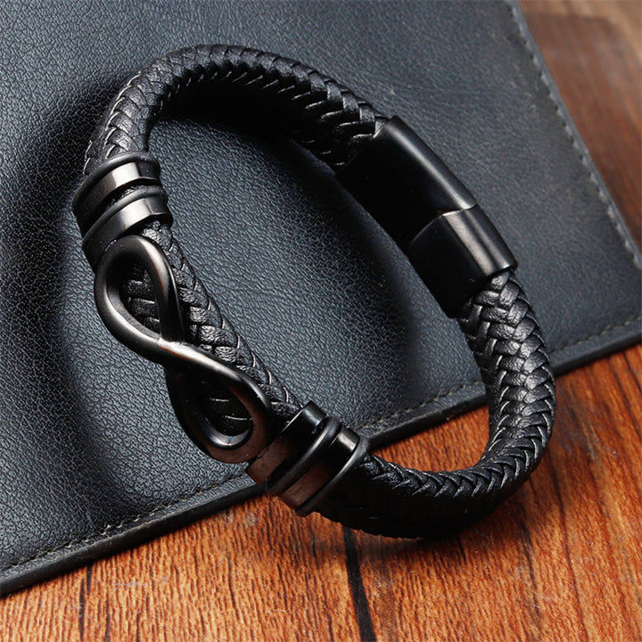 Pulsera de cuero trenzado reforzado con acero de titanio y diseño de nudo infinito con Buddha Stones