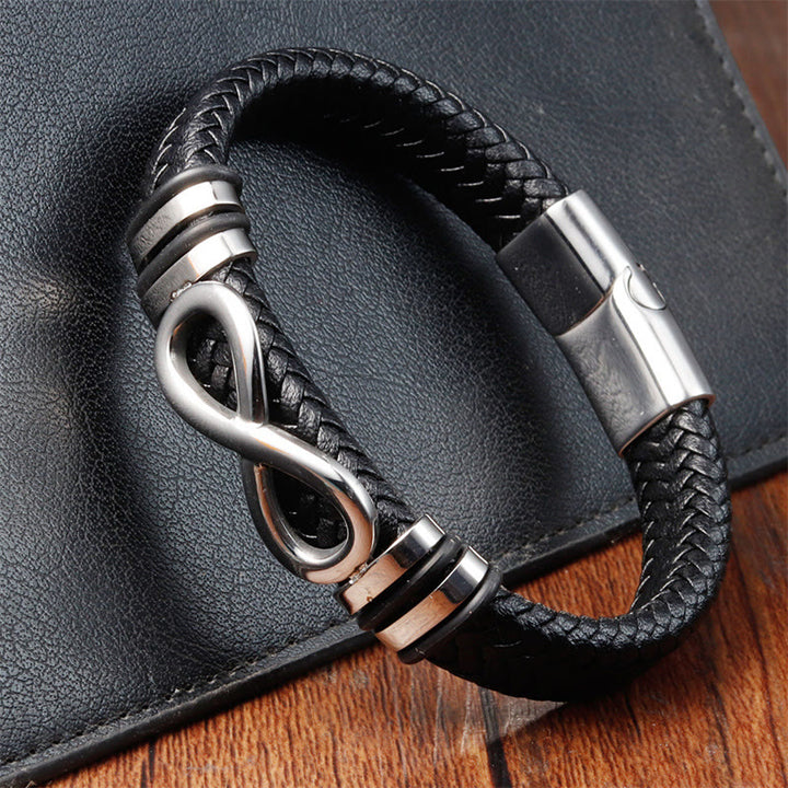Pulsera de cuero trenzado reforzado con acero de titanio y diseño de nudo infinito con Buddha Stones