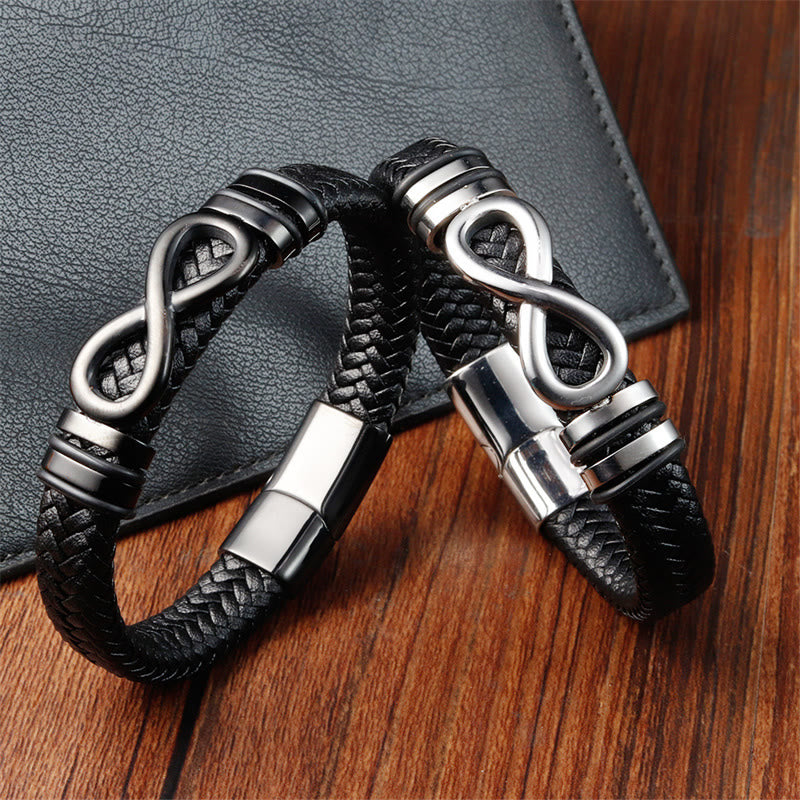 Pulsera de cuero trenzado reforzado con acero de titanio y diseño de nudo infinito con Buddha Stones