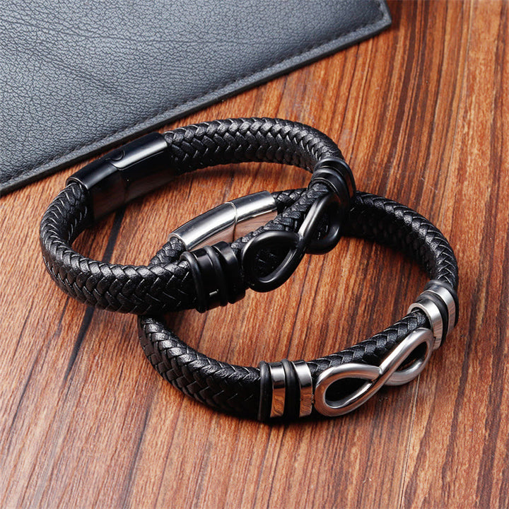 Pulsera de cuero trenzado reforzado con acero de titanio y diseño de nudo infinito con Buddha Stones