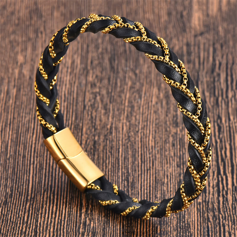 Pulsera de cuero trenzado con diseño sencillo de Buddha Stones , acero de titanio y hebilla de piel.