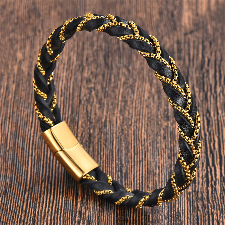 Pulsera de cuero trenzado con diseño sencillo de Buddha Stones , acero de titanio y hebilla de piel.
