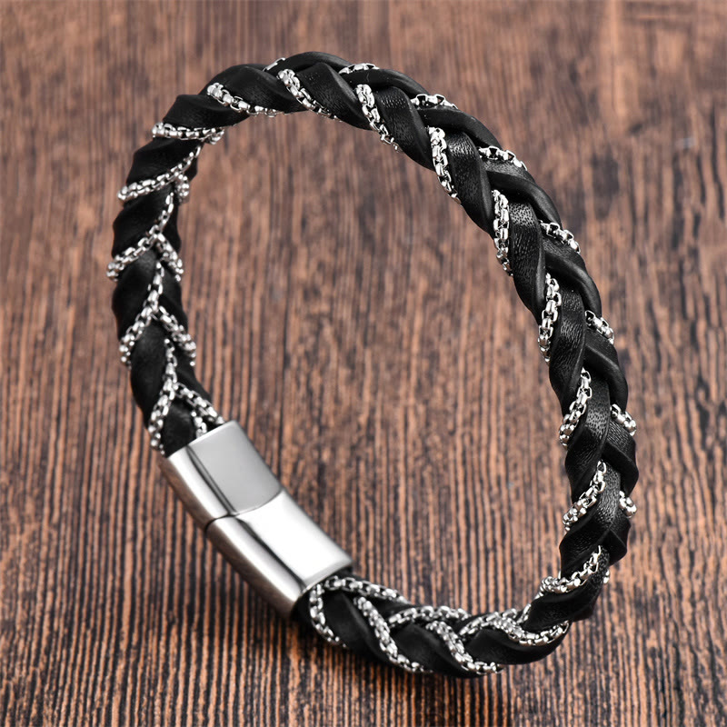 Pulsera de cuero trenzado con diseño sencillo de Buddha Stones , acero de titanio y hebilla de piel.