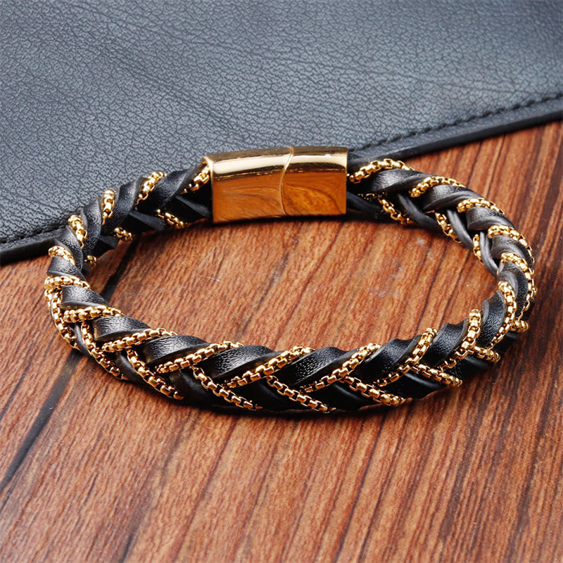 Pulsera de cuero trenzado con diseño sencillo de Buddha Stones , acero de titanio y hebilla de piel.