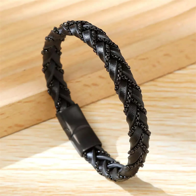 Pulsera de cuero trenzado con diseño sencillo de Buddha Stones , acero de titanio y hebilla de piel.