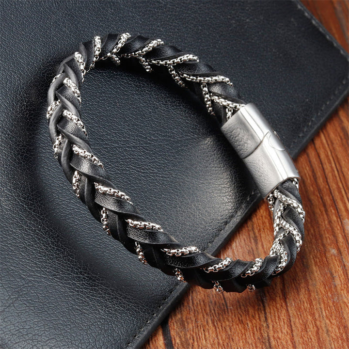 Pulsera de cuero trenzado con diseño sencillo de Buddha Stones , acero de titanio y hebilla de piel.