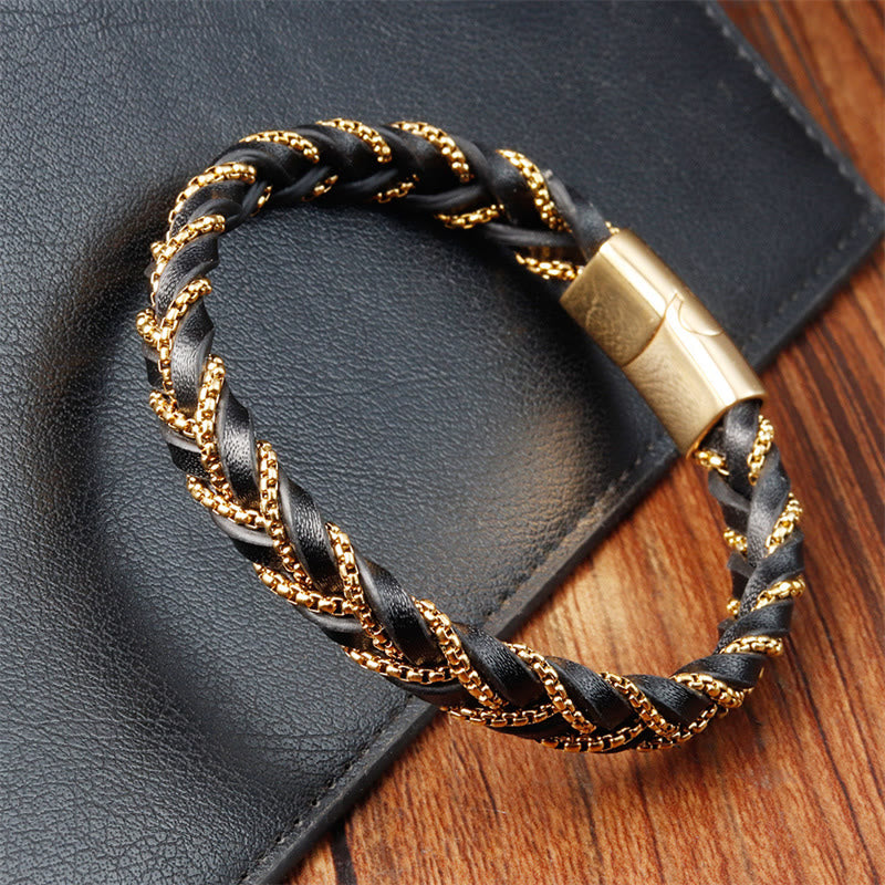 Pulsera de cuero trenzado con diseño sencillo de Buddha Stones , acero de titanio y hebilla de piel.