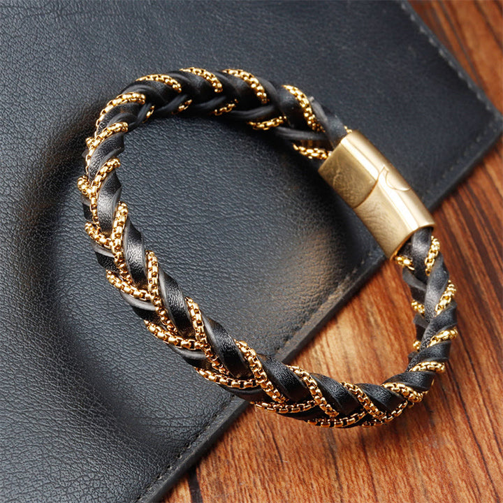 Pulsera de cuero trenzado con diseño sencillo de Buddha Stones , acero de titanio y hebilla de piel.