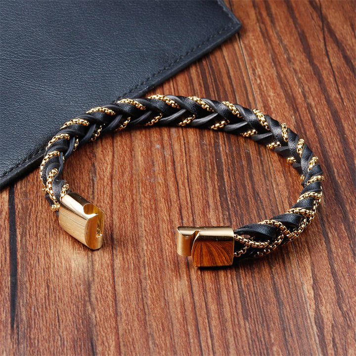 Pulsera de cuero trenzado con diseño sencillo de Buddha Stones , acero de titanio y hebilla de piel.