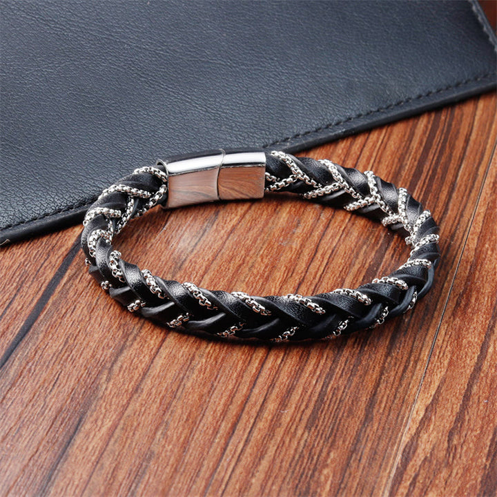 Pulsera de cuero trenzado con diseño sencillo de Buddha Stones , acero de titanio y hebilla de piel.
