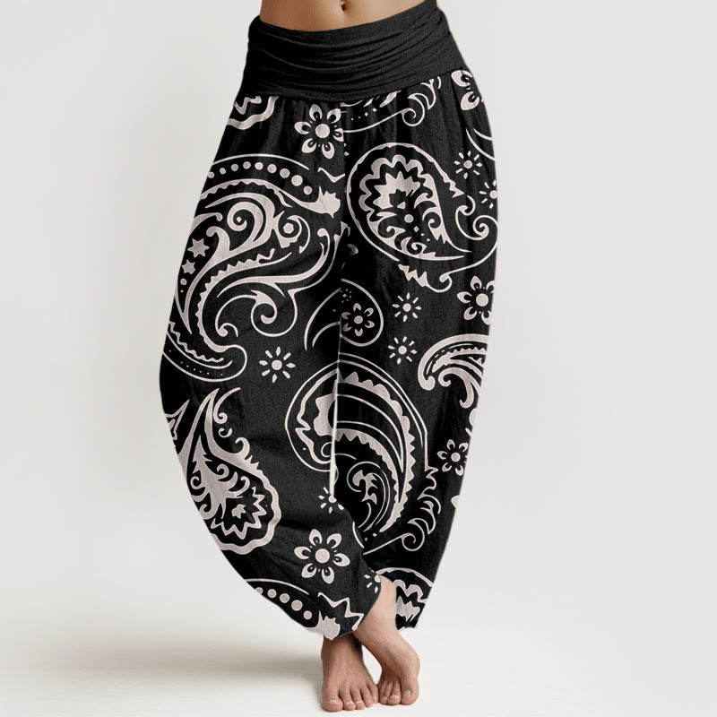 Pantalones harén de cintura elástica para mujer con estampado floral de cachemira y piedras de Buddha Stones - Negro - US22，UK/AU26，EU54 (6XL) - image 1