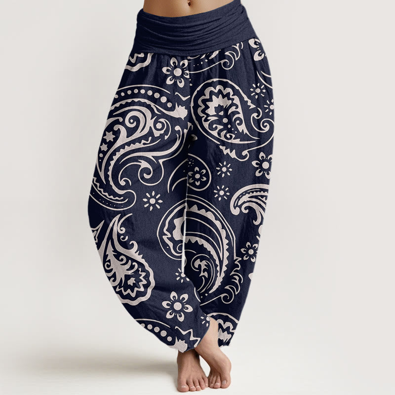Pantalones harén de cintura elástica para mujer con estampado floral de cachemira y piedras de Buddha Stones - Azul medianoche - US22，UK/AU26，EU54 (6XL) - image 5