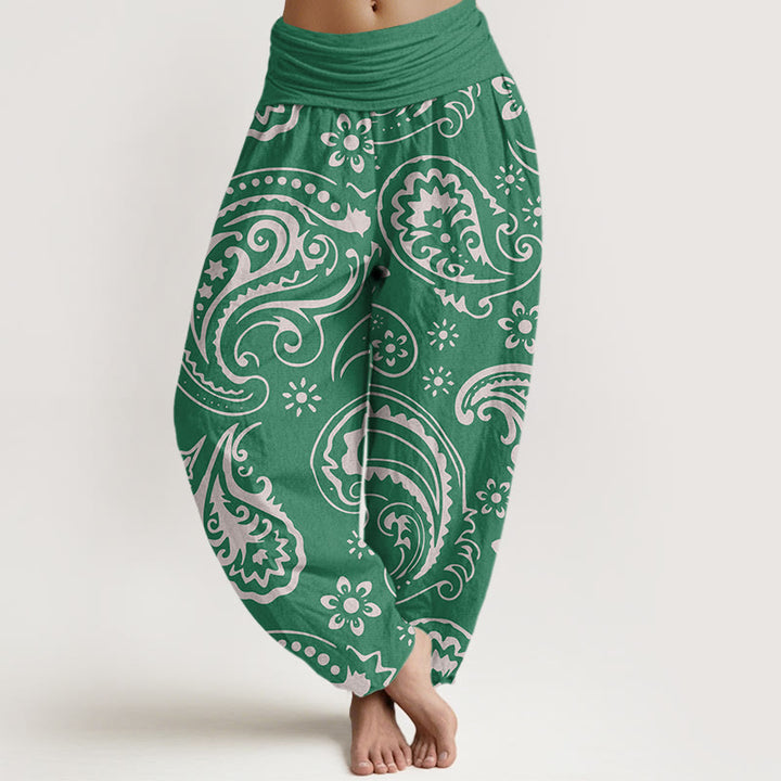 Pantalones harén de cintura elástica para mujer con estampado floral de cachemira y piedras de Buddha Stones - Verde mar medio - US22，UK/AU26，EU54 (6XL) - image 8