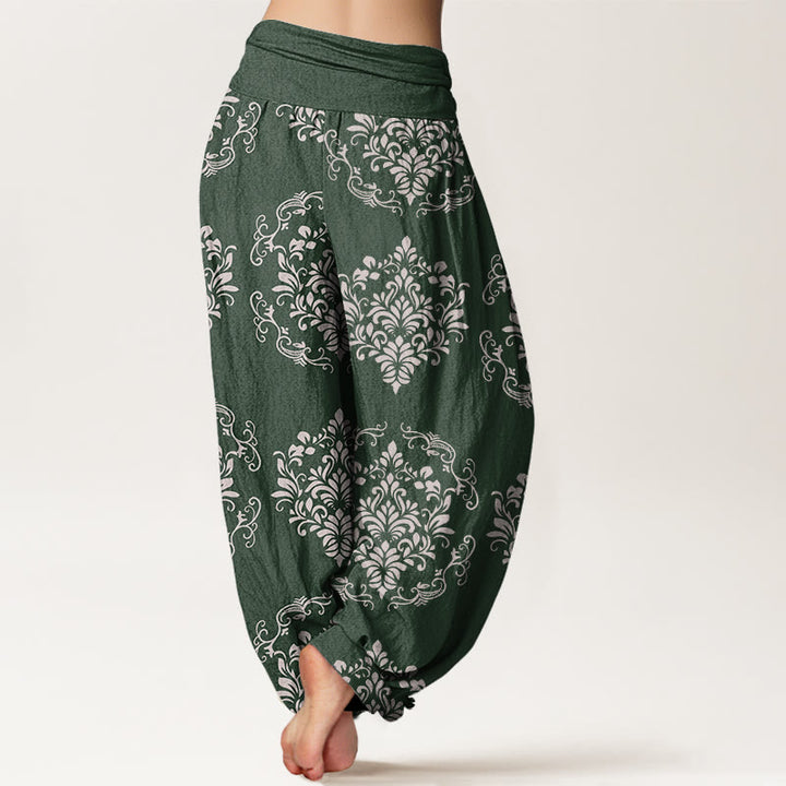 Pantalones harén de cintura elástica para mujer con motivos florales simétricos e informales de Buddha Stones - image 3