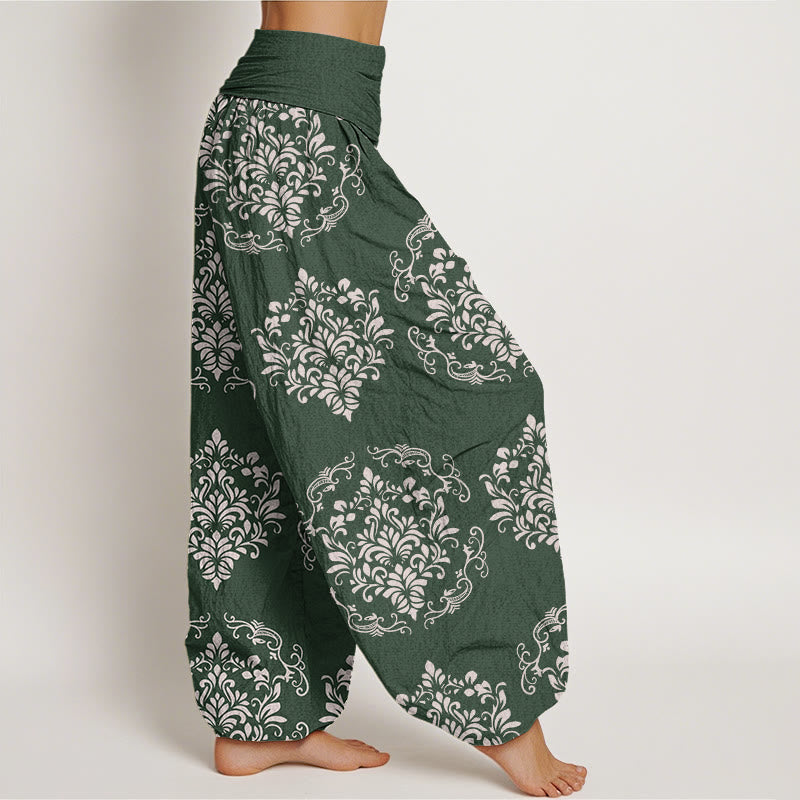 Pantalones harén de cintura elástica para mujer con motivos florales simétricos e informales de Buddha Stones - image 2