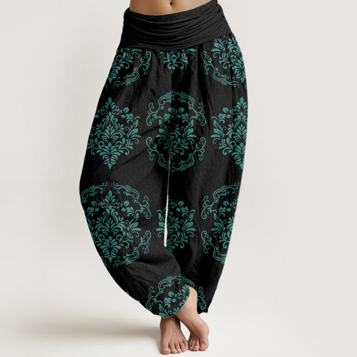 Pantalones harén de cintura elástica para mujer con motivos florales simétricos e informales de Buddha Stones - Negro - US22，UK/AU26，EU54 (6XL) - image 8