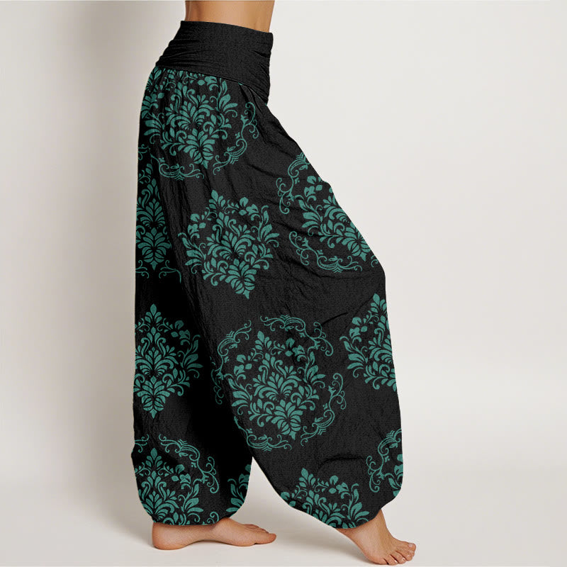 Pantalones harén de cintura elástica para mujer con motivos florales simétricos e informales de Buddha Stones - image 10